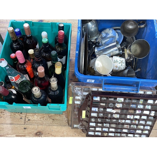 31 - Box of assorted wines and spirits, box of cutlery, silver plate, Wedgwood, thimbles etc.