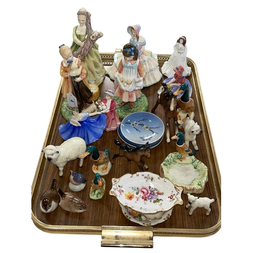 4 - Six Royal Doulton figures, Beswick duck and sheep, other figures, dishes, etc.