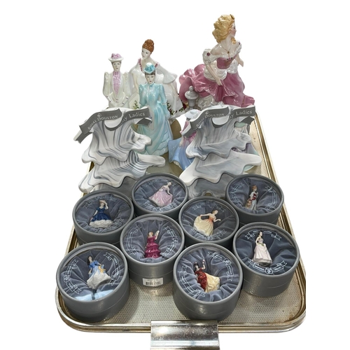 7 - Eight boxed Royal Doulton Pretty Ladies with stands, and collection of seven mostly Coalport figures... 