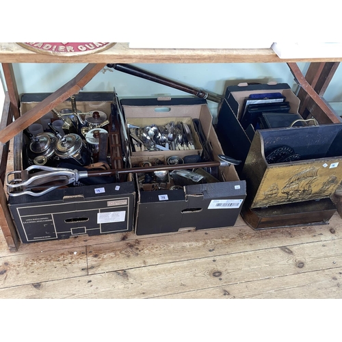 78 - Canteen and boxes of cutlery, loose cutlery, silver plated ware, copper and brass warming pan, shoot... 