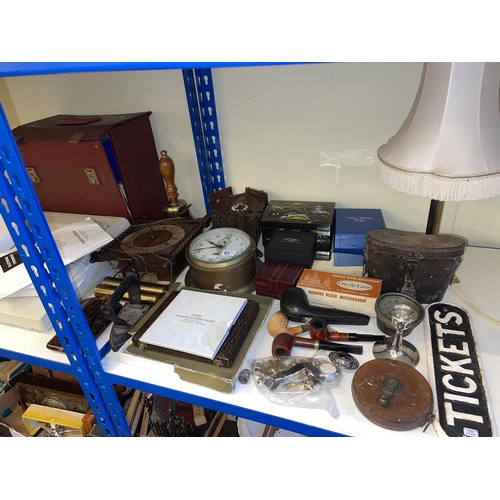 83 - Assorted china and glassware, brass ships and other clocks, pipes, LP records, binoculars, garden st... 