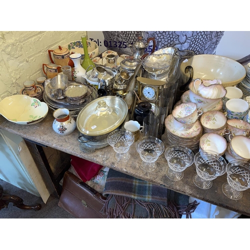 86 - Three part tea services, assorted china, glass, metalware, quilts, linen, stools, etc.