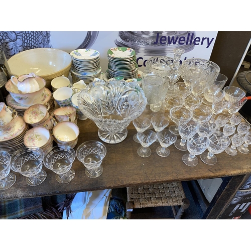 86 - Three part tea services, assorted china, glass, metalware, quilts, linen, stools, etc.