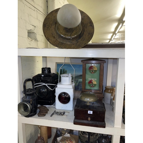 97 - Collection of railway memorabilia including lamps, signal box, conductors bell, painting, etc.