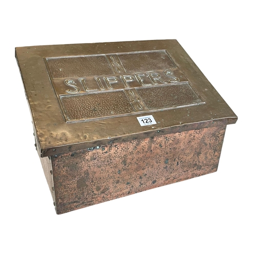 123 - Victorian copper slipper box, 23cm high.