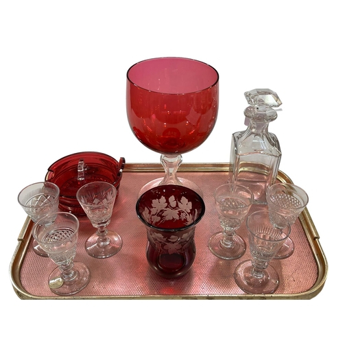 2 - Collection of glass including decanter, six 19th Century wine glasses and three pieces of ruby glass... 