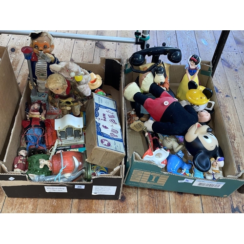 26 - Three boxes of toys and figures, Pelham puppet box, annuals, etc.