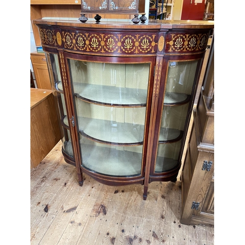 370 - Late 19th Century inlaid mahogany shaped bow front vitrine, 122cm by 105.5cm by 40cm.