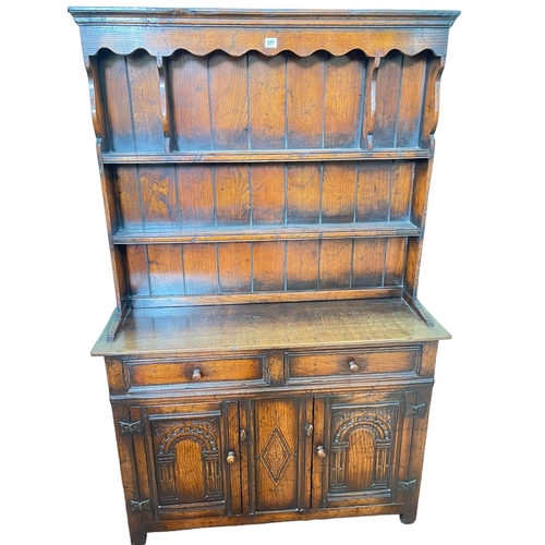 377 - Period style oak shelf back dresser, 166cm by 107cm by 33cm.