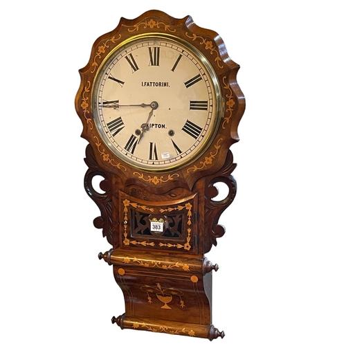 383 - I Fattorini, Skipton, Victorian walnut and satinwood inlaid drop dial wall clock, 81cm.