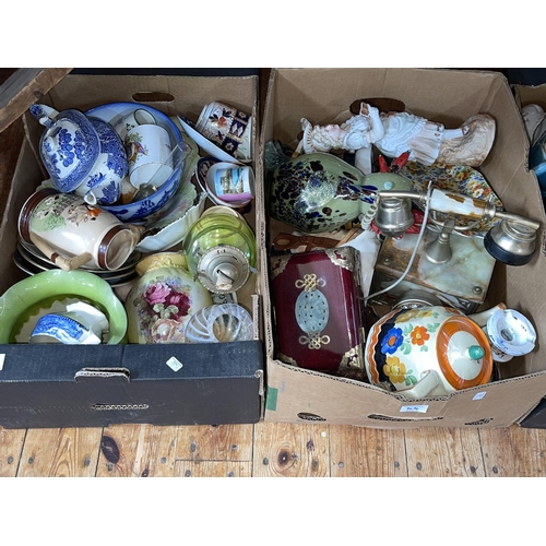 44 - Four boxes of decorative porcelain, mantel clock, metalwares, etc.