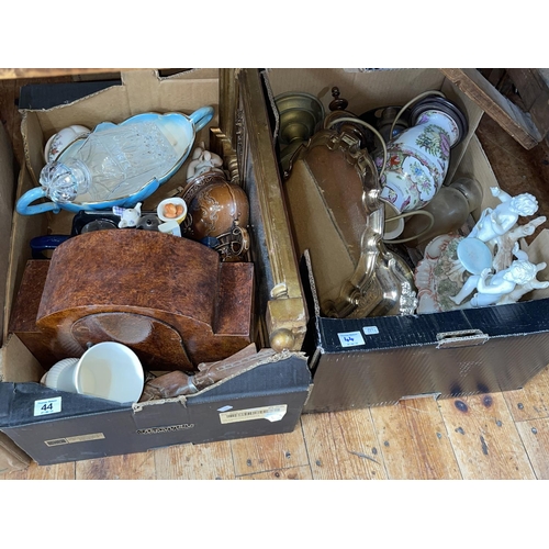 44 - Four boxes of decorative porcelain, mantel clock, metalwares, etc.