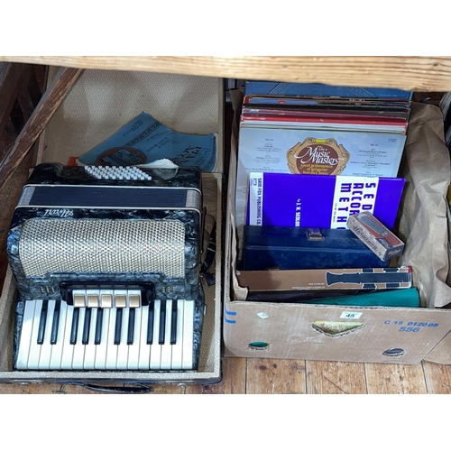 45 - Verdi II Hohner and an Alvani accordion together with two boxes of LP records.