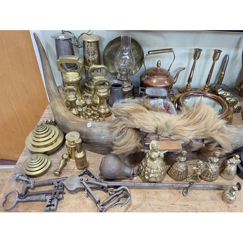 46 - Collection of metalwares including miners lamps, bell weights, ship's mirror, trench art, corkscrews... 