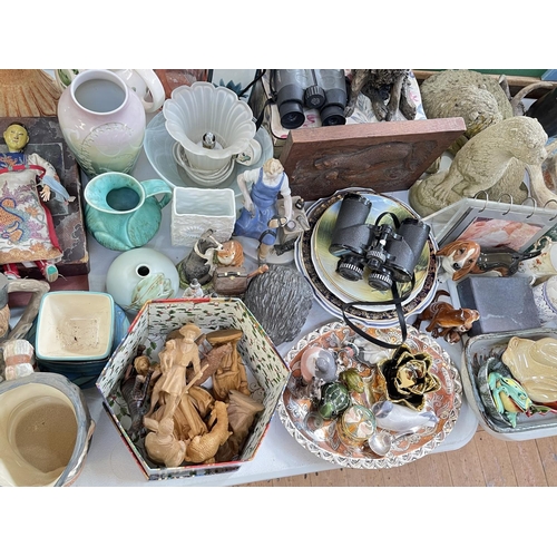 69 - Collection of garden ornaments, toby jugs, Royal Doulton Rondelay, binoculars, plates, dolls etc.