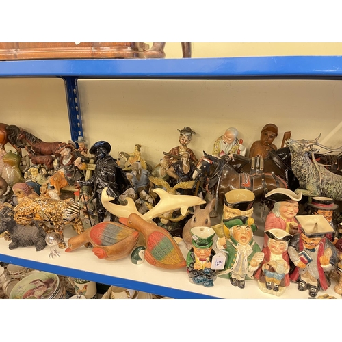 76 - Large collection of pottery figures, animal ornaments, toby jugs, two Doulton character jugs, Wedgwo... 