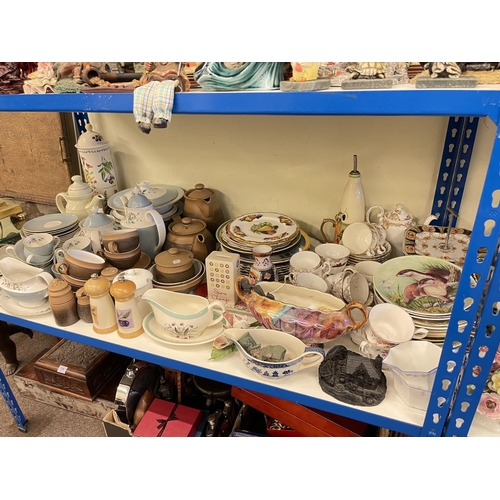 77 - Full shelf of china including dinner and teaware, planters, vases, ornaments, etc.