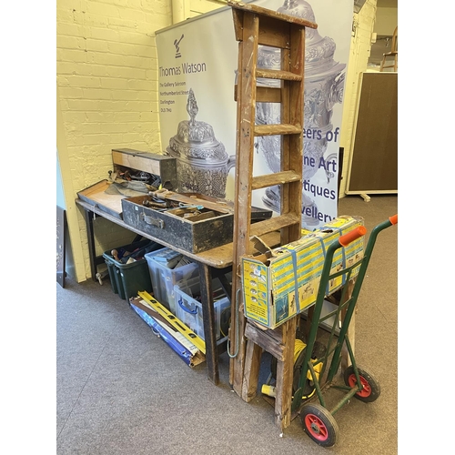 80 - Two joiners tool boxes and large collection of tools, sack barrow, Compound mitre saw, steps, etc.