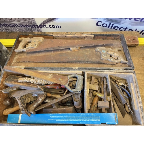 80 - Two joiners tool boxes and large collection of tools, sack barrow, Compound mitre saw, steps, etc.