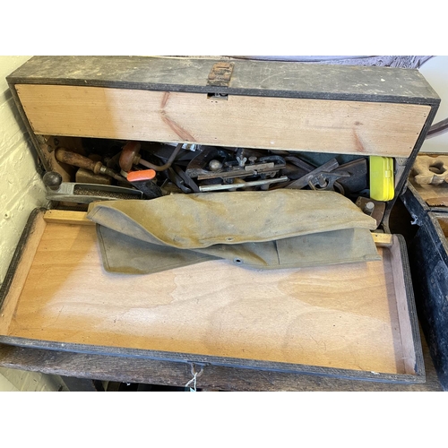 80 - Two joiners tool boxes and large collection of tools, sack barrow, Compound mitre saw, steps, etc.