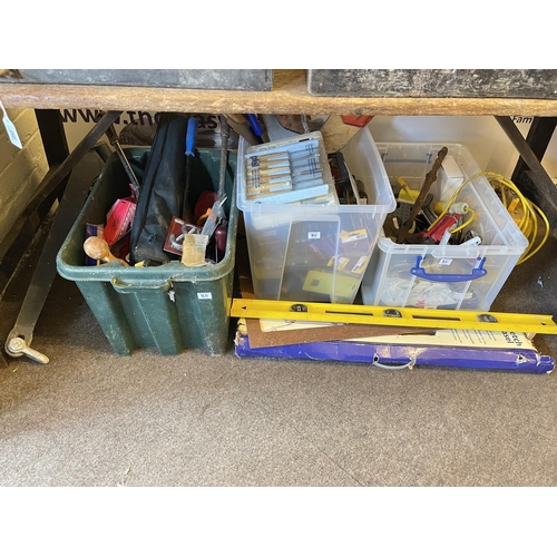 80 - Two joiners tool boxes and large collection of tools, sack barrow, Compound mitre saw, steps, etc.