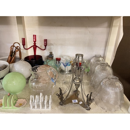 88 - Full shelf of glass and china including set of eight glass shades, three graduated Losol jugs, vases... 