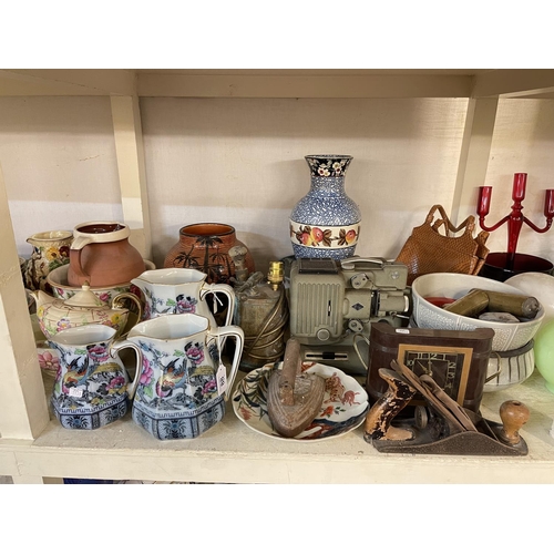 88 - Full shelf of glass and china including set of eight glass shades, three graduated Losol jugs, vases... 