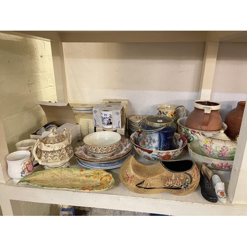 88 - Full shelf of glass and china including set of eight glass shades, three graduated Losol jugs, vases... 