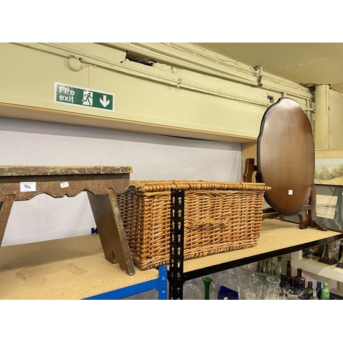 94 - US Navy Seapack trunk, wicker basket, folding table, stool, two pictures and two boxes of glass and ... 