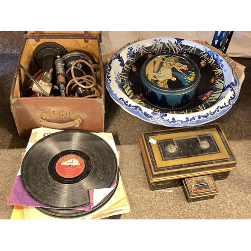 96 - Vintage car accessories, badges, records, vintage multi-purpose tool, washbowl, coin tins, etc.