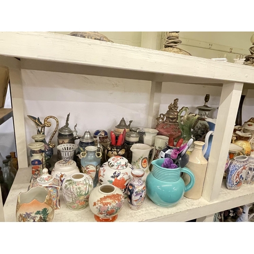 98 - Full shelf of vases, planters, table lamps, toilet jugs and bowls, ginger jars, steins, etc.