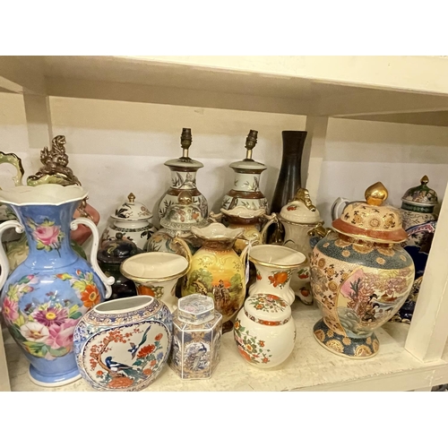 98 - Full shelf of vases, planters, table lamps, toilet jugs and bowls, ginger jars, steins, etc.