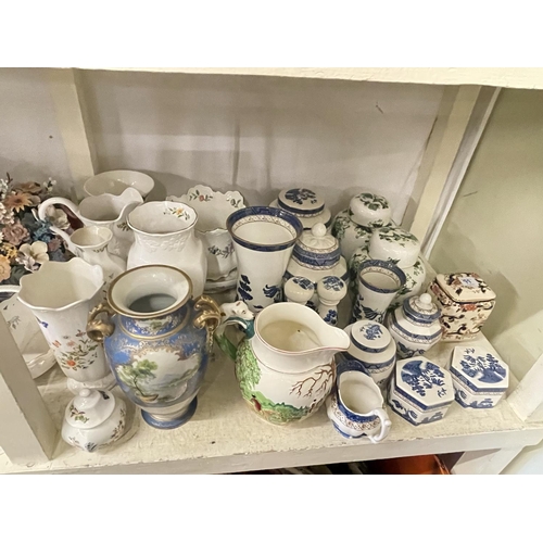 99 - Full shelf of Ringtons, Aynsley Cottage Garden, Royal Doulton, Booths blue and white and other china... 