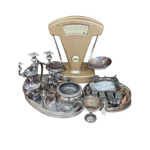 11 - Set of Avery balance scales, small silver trophy, silver plated ware, six hairy paw casters, etc.