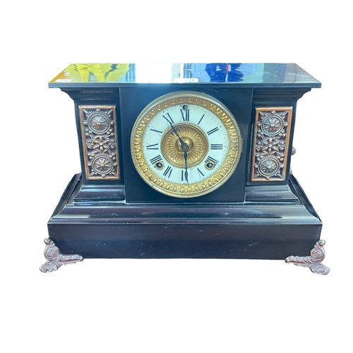 118 - Victorian slate mantel clock with enamel and gilt metal dial.