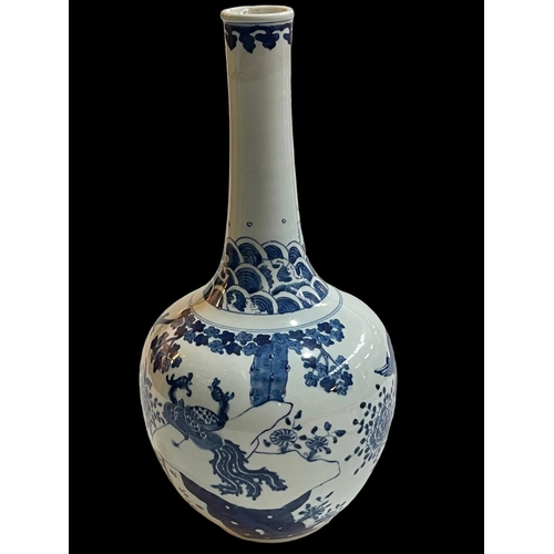 133 - Large Chinese blue and white bottle vase decorated with birds and flora, with twin ring mark to base... 