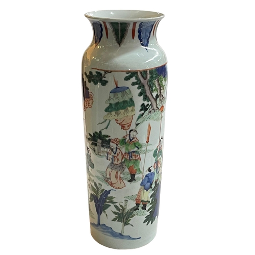 138 - Tall Chinese pottery sleeve vase decorated with figures, oxon and sheep, 46cm high.