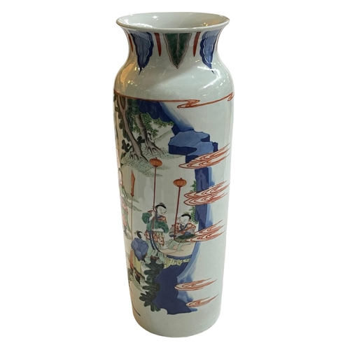 138 - Tall Chinese pottery sleeve vase decorated with figures, oxon and sheep, 46cm high.