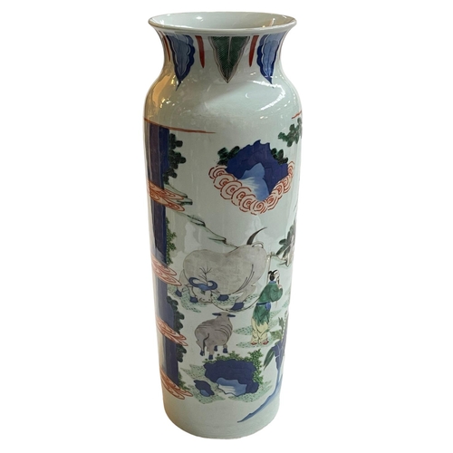 138 - Tall Chinese pottery sleeve vase decorated with figures, oxon and sheep, 46cm high.