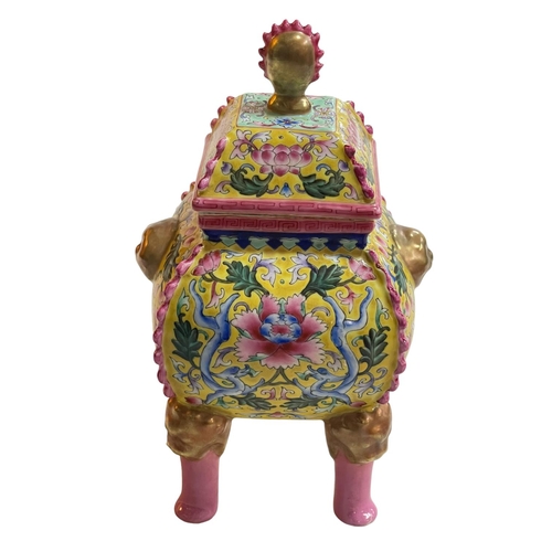 149 - Chinese pottery four legged censor with floral and gilt design on yellow and pink ground, blue Quinl... 