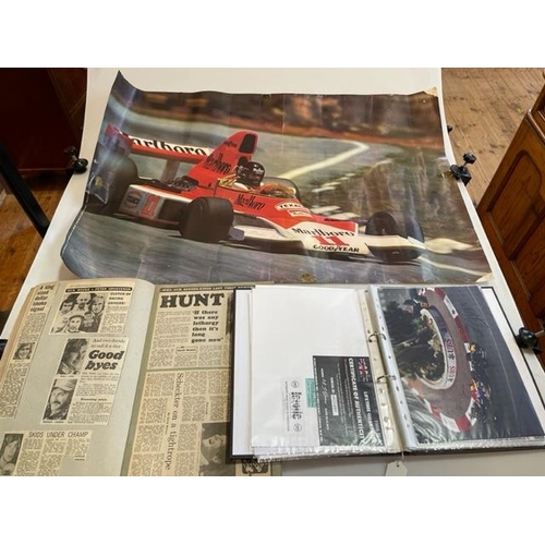 162 - Album of signed Formula 1 photographs, many with certificates, album of James Hunt paper cuttings an... 