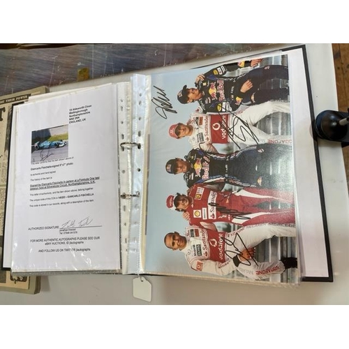 162 - Album of signed Formula 1 photographs, many with certificates, album of James Hunt paper cuttings an... 