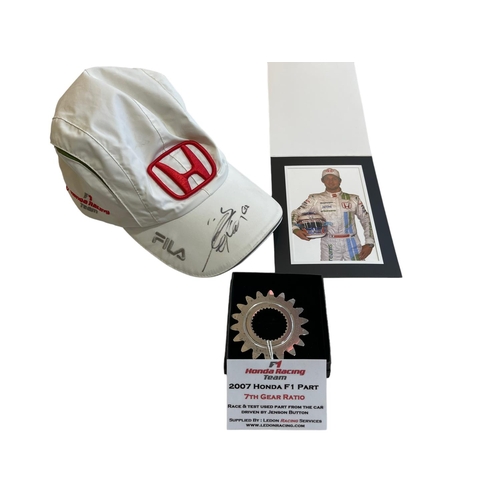 165 - Signed Jensen Button cap, photo and Honda Racing team 2007 Honda F1 part '7th Gear Ratio'.