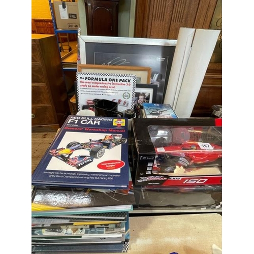 167 - Collection of Formula 1 memorabilia including two model Ferrari's, Autobiographies and other books, ... 