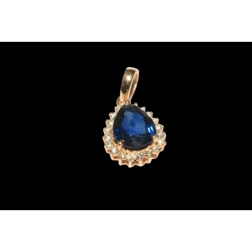 185 - Pear shaped sapphire and diamond cluster pendant set in 18 carat yellow gold, sapphire weight approx... 