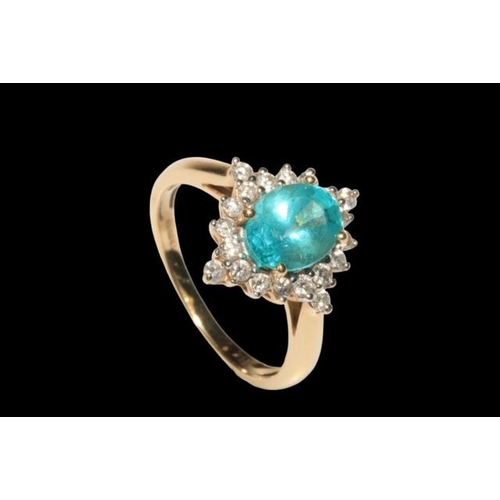 194 - Apatite and diamond 14 carat yellow gold ring, the oval cut apatite bordered with 20 diamonds, size ... 