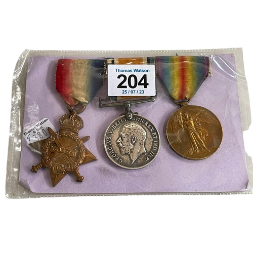 204 - WWI Pip, Squeak and Wilfred medals, awarded to 11762 GNR. E. H. Gurd R.F.A. Pip medal is 'DVR E. H. ... 