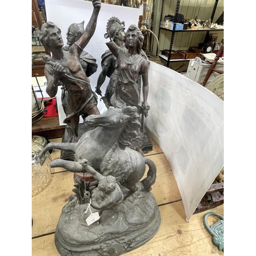 25 - Two pairs of large spelter figures and spelter Marley horse.