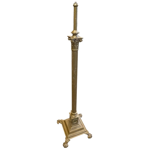 384 - Gilt painted Corinthian column standard lamp on four paw feet, 142cm.