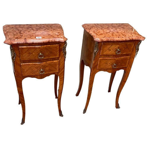 387 - Pair Continental inlaid two drawer marble topped pedestals, 70cm by 40cm by 27cm.